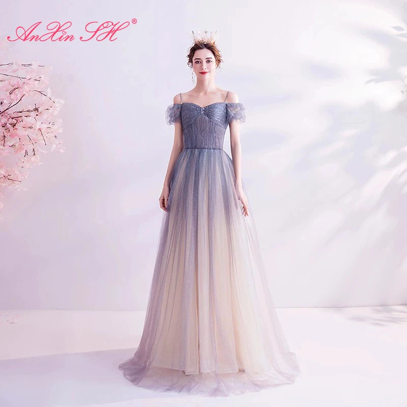 

AnXin SH princess sparkly blue lace evening dress bride vintage spaghetti strap beading crystal a line evening dress 5688