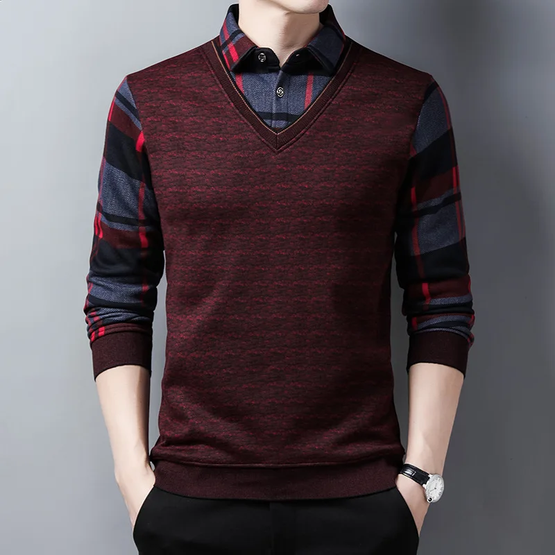 

Autumn and Winter New Sweater Middle-Aged Men's Clothing Fleece-lined Thickened Fake Two-Piece Knitted Sweaters Bottoming Shirt