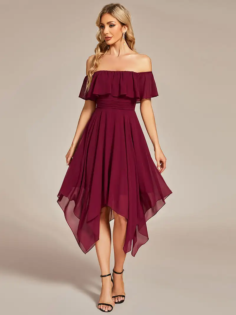 

Elegant Evening Dresses Off Shoulder Asymmetrical Hem Mid-calf NO Zipper 2024 Ever Pretty of Chiffon Burgundy Bridesmaid Dresses