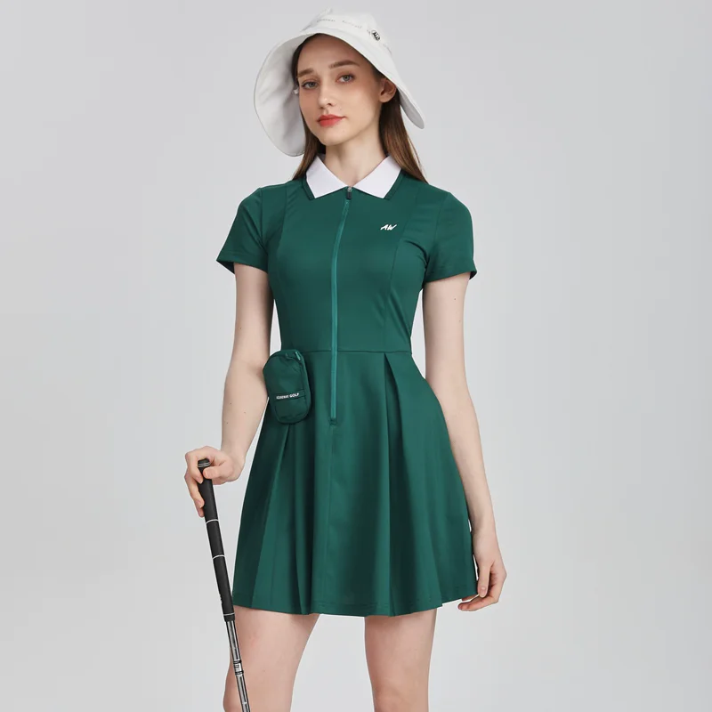 AW new sports dress golf woman short sleeve polo shirt dresses spring summer slim waist zipper skirt golf wear ladies