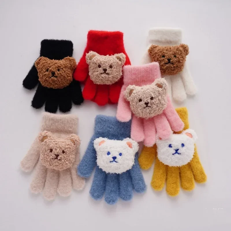 1-12 Years Children's Gloves Winter Bear Boys and Girls Plush Thickened Warm Finger-hung Neck Baby Gloves Neck Hanging winter gloves