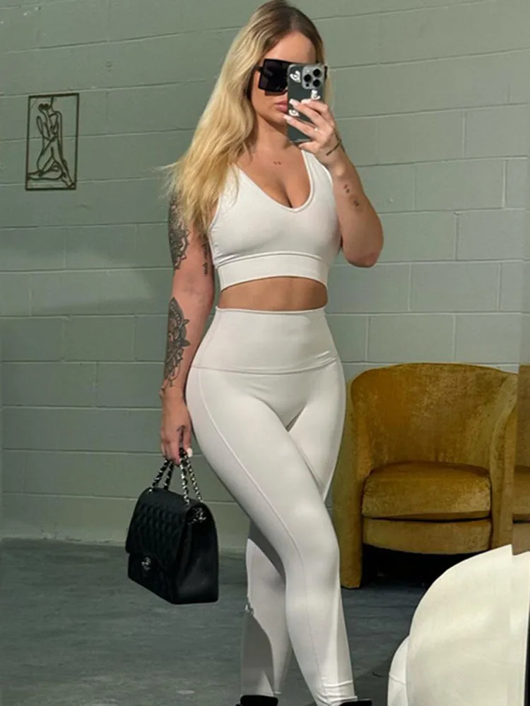 

Облегающие брюки, комплект из двух предметов, V-образный вырез, без рукавов, топ с открытым пупком, облегающие брюки с высокой талией, спортивный костюм для йоги