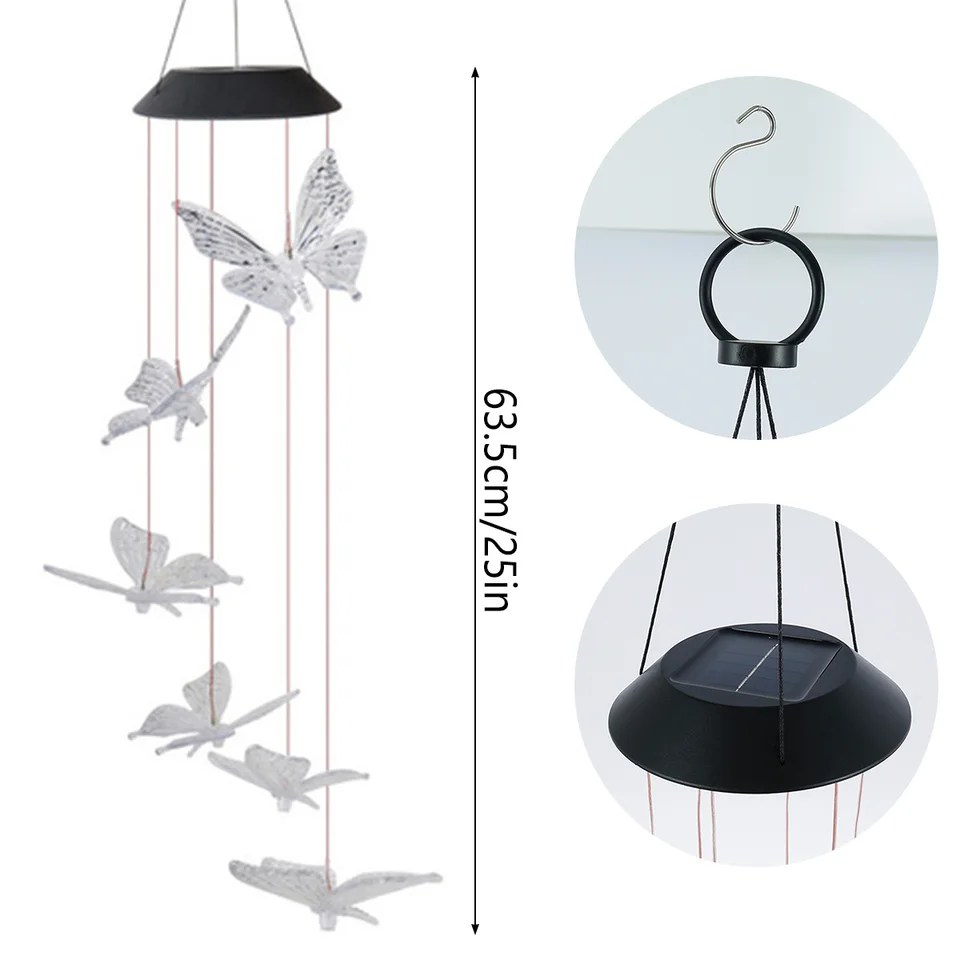 Carillon Éolien Solaire Papillon Multicolore - Décoratif Avec 6 LED - Étanche IP65 - Pour Jardin, Balcon, Cadeau Fête Des Mères