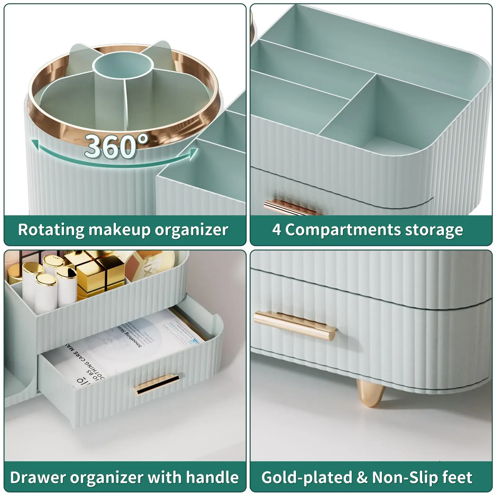 Makeup Organizer Countertop with Drawers 360 Rotating Makeup Brush Holder Large Capacity Skincare Organizer for Vanity Desk 4