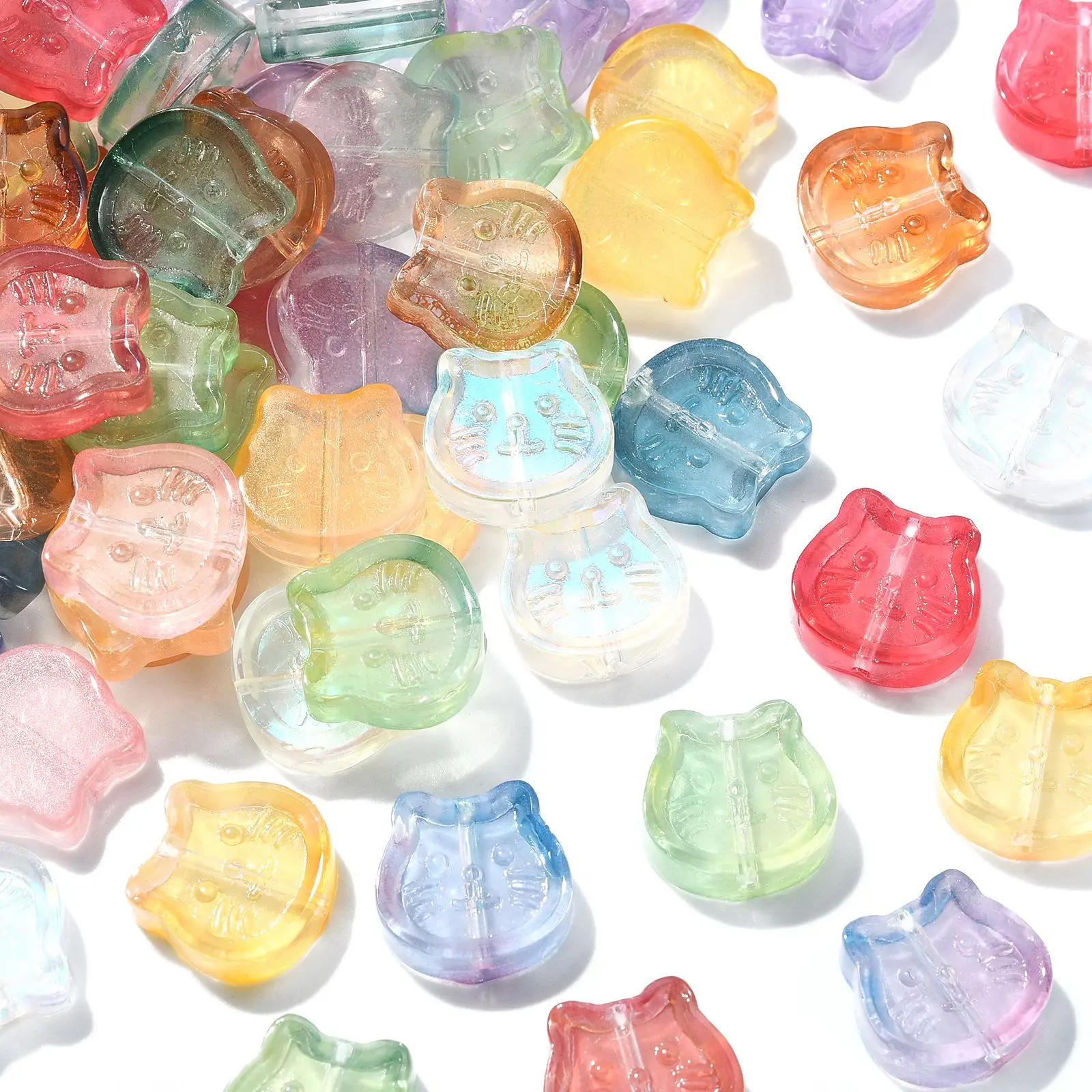 Pandahall 100Pcs Random Color Lampwork Glass Cat Head Beads Colorful Animal Pet Cat Beads Cat Face Beads for Jewelry Making DIY
