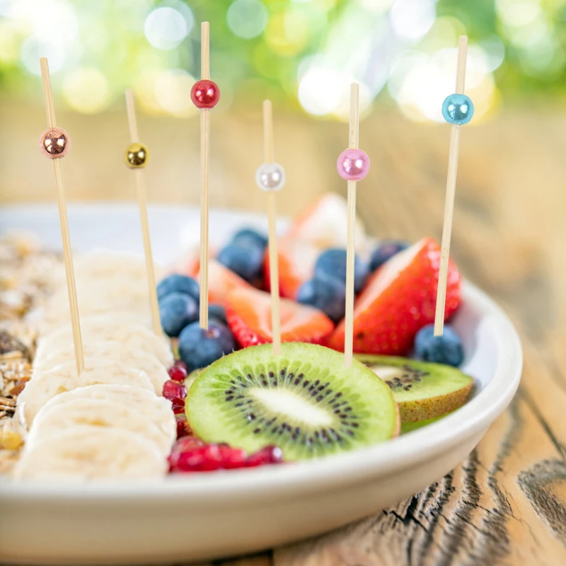 Bamboo Sticks 100Pcs Disposable Hawaiian Flamingo Pearl Cocktail Picks Food Fruit Forks Wedding Birthday Party Decor
