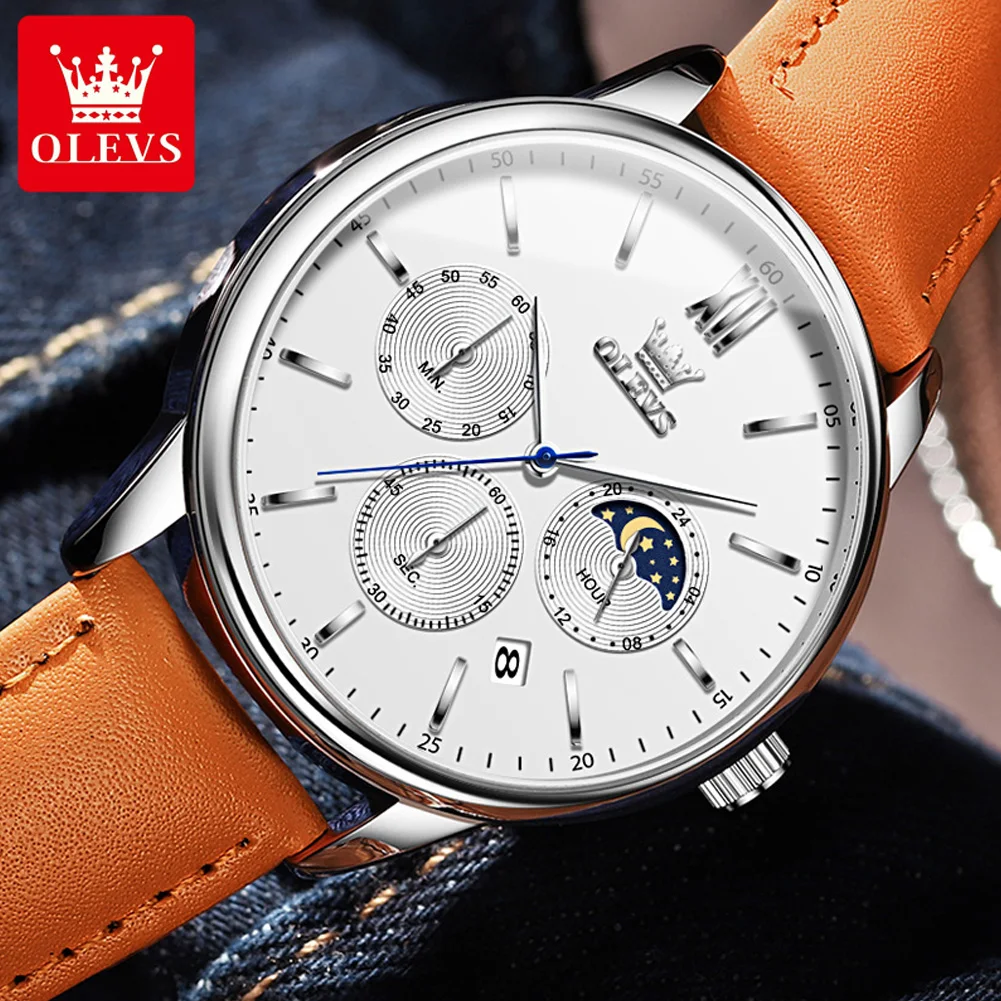 OLEVS Brand Luxury Moon Phases Quartz Watch for Men Leather Waterproof Date Fashion Chronograph Watches Mens Relogio Masculino