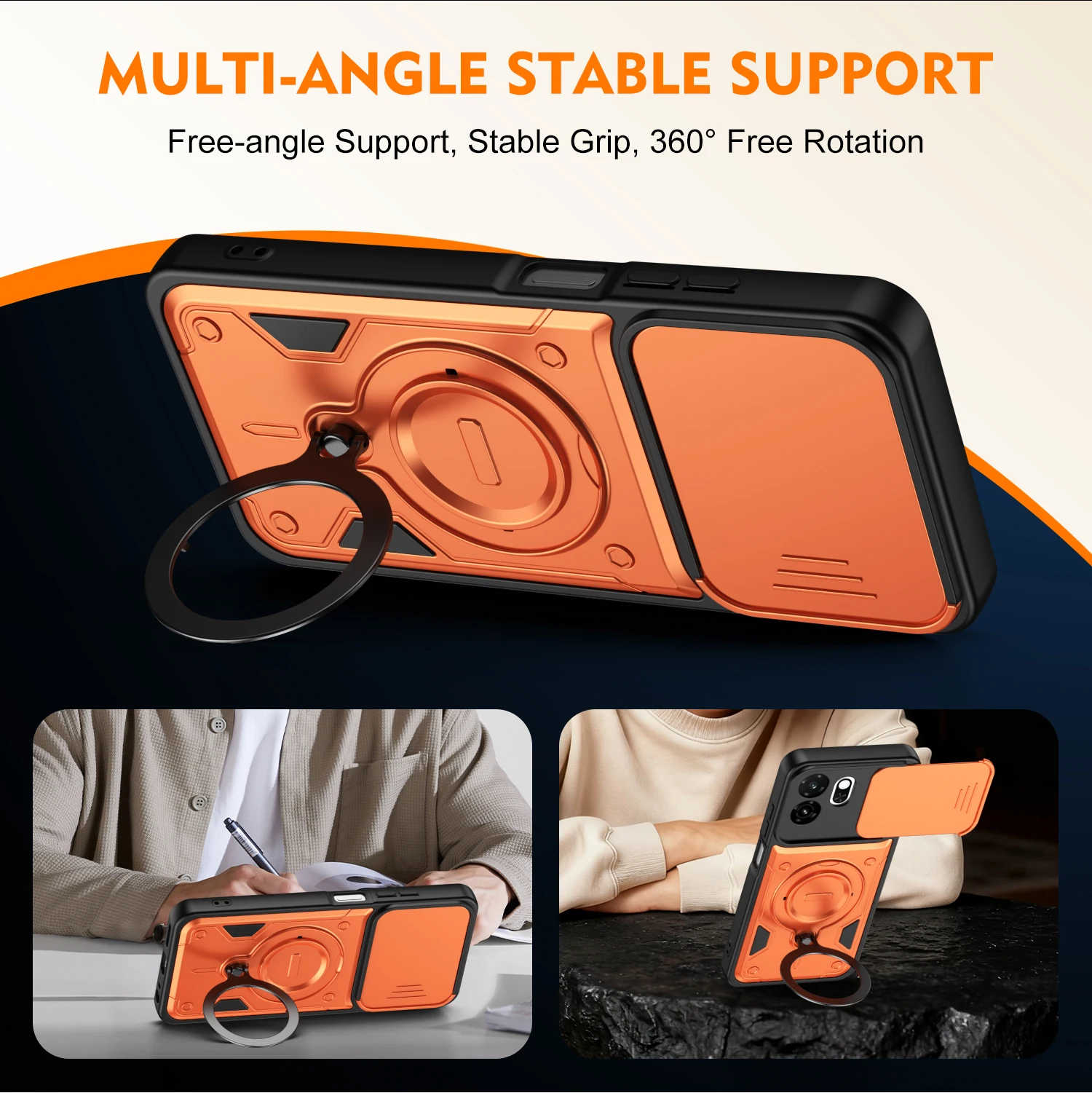 Rugged Armor Shockproof Phone Case with Slide Camera Lens Protection & Ring Stand