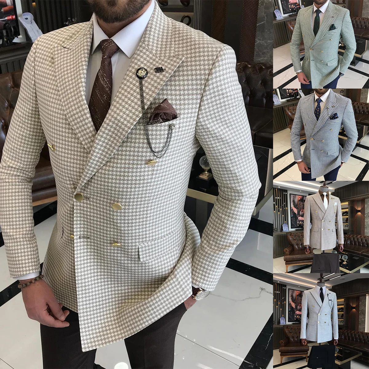 Houndstooth Men Suits Double Breasted Jacket Slim Fit Wedding Groom Wear Business Blazer Formal Tuxedos Only Coat Customize