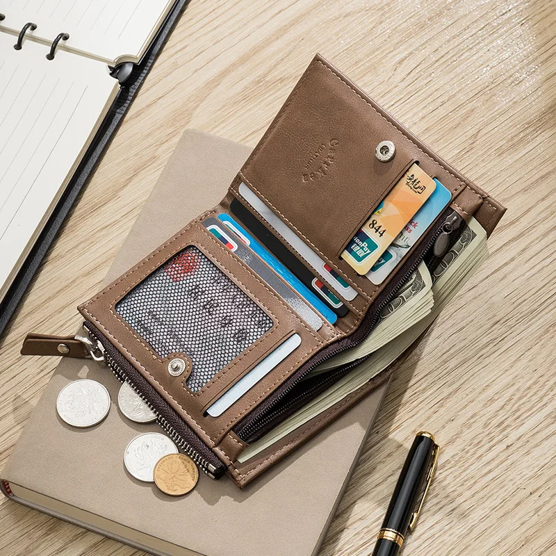 Fashion Leather Men's Short Wallet Vintage Zipper Male Coin Purse Multifunction Card Holder Large Capacity Money Wallet