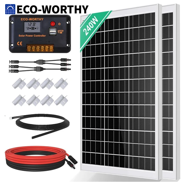 Kit de panneaux solaires monocristallins ECO-WORTHY 240 W comprenant un panneau solaire 12 V + un contrôleur de charge solaire 30 A + un câble solaire de 5 m 1