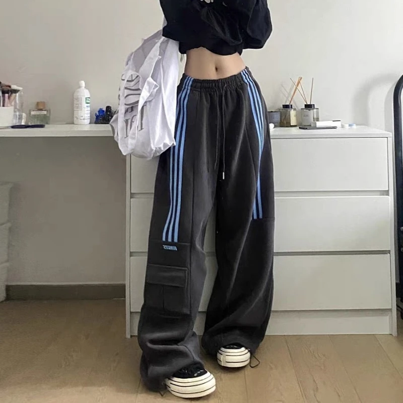 Striped Cargo Pants Women Spring and Autumn American Retro Casual Sporty Sweatpants High-waisted Loose Wide-leg Pants Female
