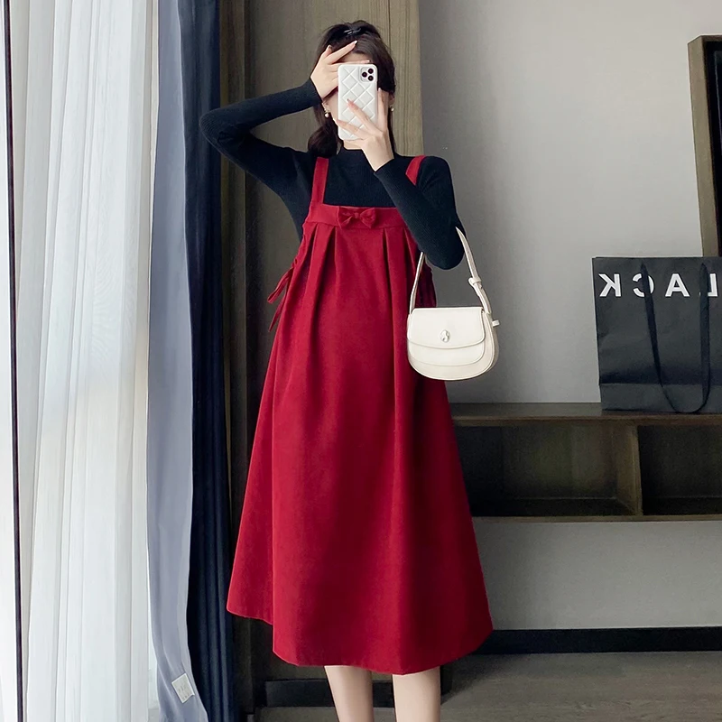 New Year Maternity Dress Red Strap Dress with Bow Plus Size Pregnant Woman Party Sleeveless Pregnancy A-line Dresses womens dresses