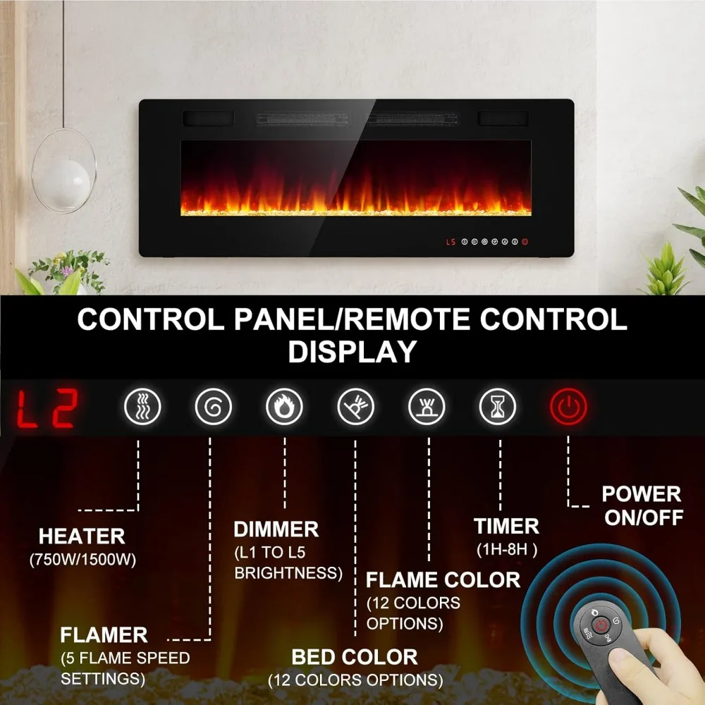50” Recessed and Wall Mounted Fire Places Electric Fireplace with Remote Control, Toucn Screen 4