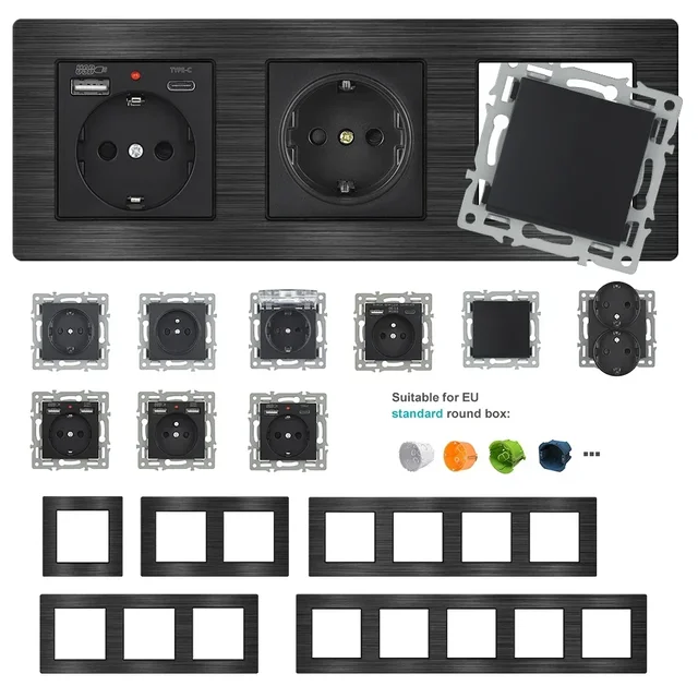 SRAN F9 Series สีดําแผงอลูมิเนียม DIY ซ็อกเก็ตและสวิทช์ 220 v, ฝรั่งเศส eu ปลั๊กไฟฟ้า Usb wall outlet ทีวี rj45 1