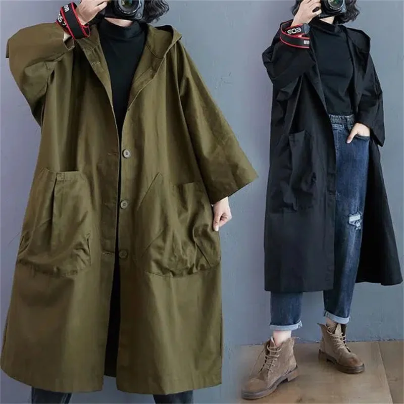 Oversized Spring And Autumn Trench Coat Women's New Korean Loose Versatile Hooded Windbreaker Women's Long Coat B Pocket Jacket