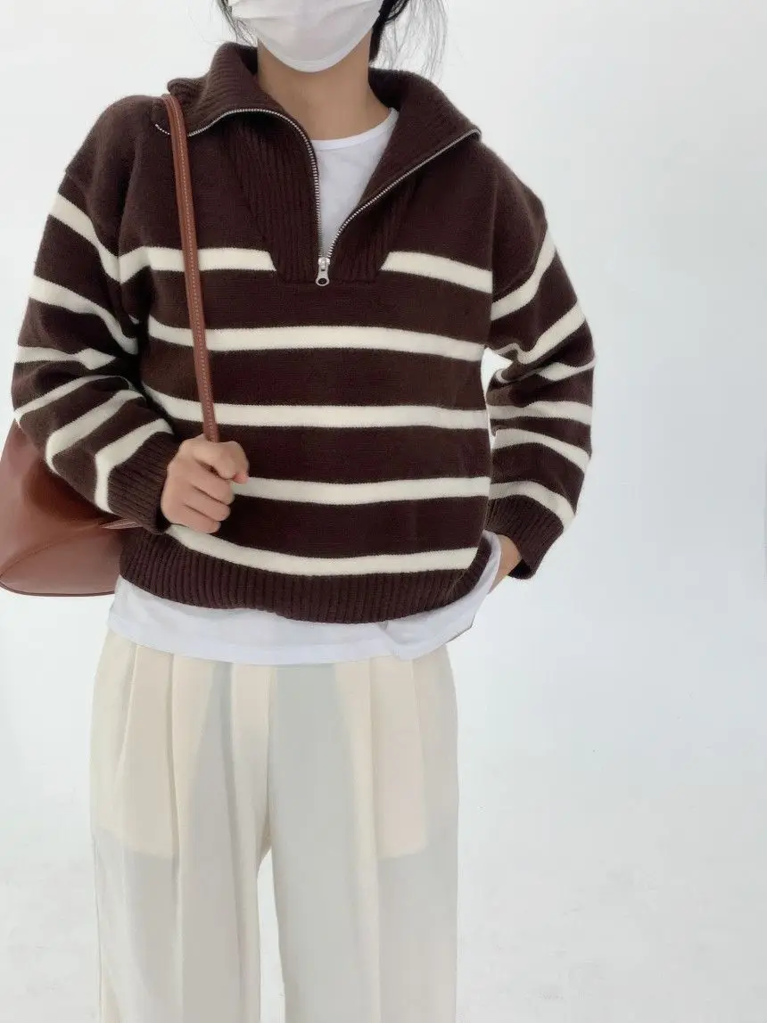 Women Sweater Oversize Zipper Knitted Pullover Long Sleeve Stripe Loose Ladies Sweaters Autumn Winter Women's Turtleneck