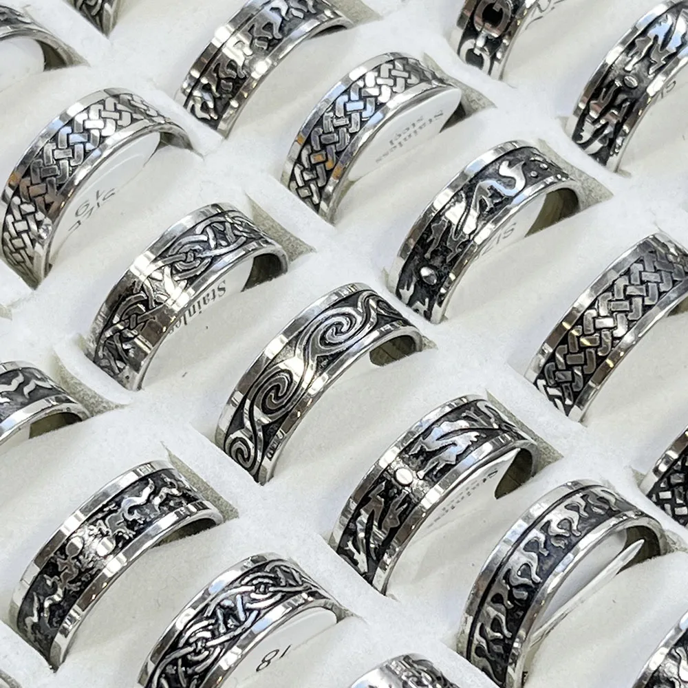 

15Pcs /Lot Vintage Retro Style Rock Flame Pattern Stainless Steel Rings For Men and Women Punk Rings Whole Bulk LR026