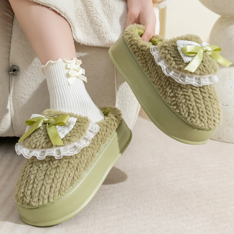 Sweet Bowknot Plush Slippers Women Winter Casual Soft Bottom Fluffy Slippers Woman High Quality Comfortable Warm Slides Female