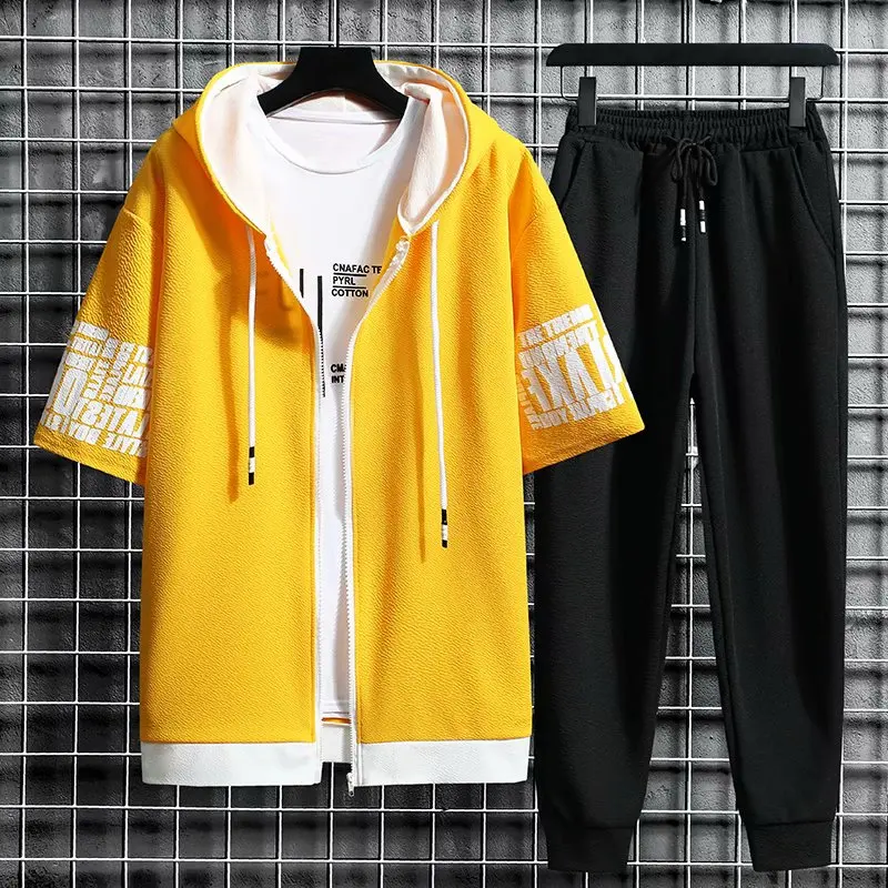 Men's Tracksuit New Men Hooded Zipper Short Sleeve Coat Elastic Waist Trousers Two Piece of Set Korean Streetwear Male Clothing mens set