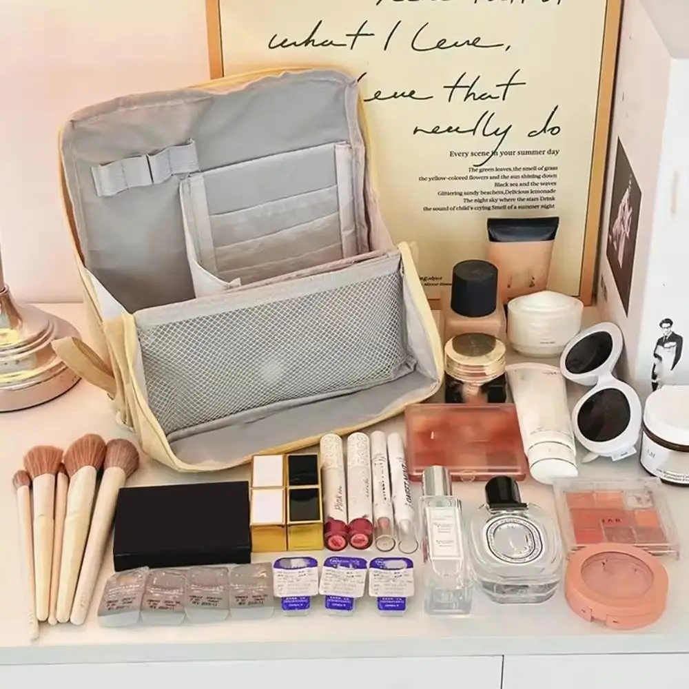 Tragbare stehende Make-up-Tasche aus Oxford-Stoff, wasserdicht, mit Fächern, Kosmetiktasche, großes Fassungsvermögen, Studenten-Stifttasche für Damen und Mädchen – Detail 6