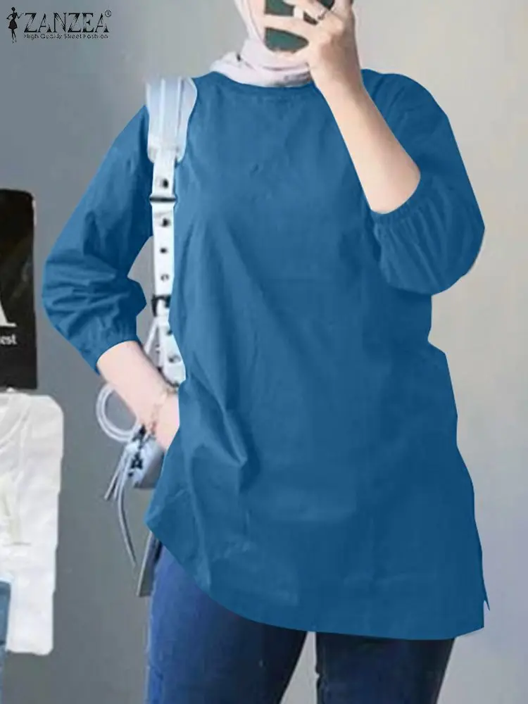 

2024 ZANZEA Women Casual O Neck 3/4 Sleeve Blouse Summer Muslim Tops Fashion Eid Mubarek Ramadan Turkey Shirt Solid Loose Blusas