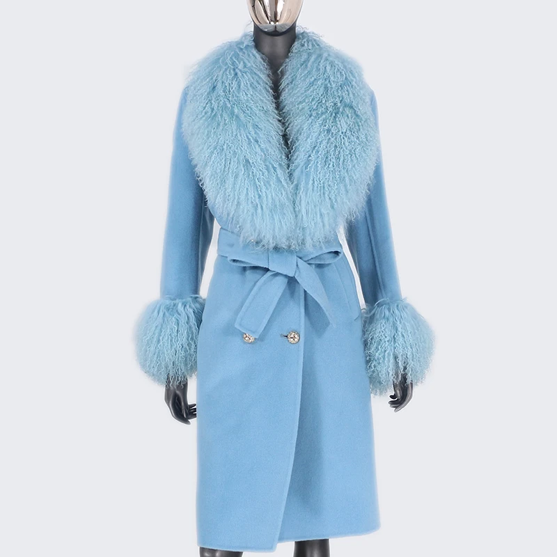 2021 X-Long Natural Mongolia Sheep Real Fur Coat Autumn Winter Jacket Women Double Breasted Belt Wool Blends Overcoat Streetwea |