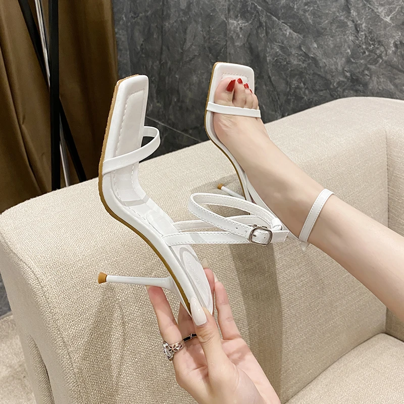

White sandals for women in summer versatile 2024 new square toe open toe buckle with thin heel aw high heels for women