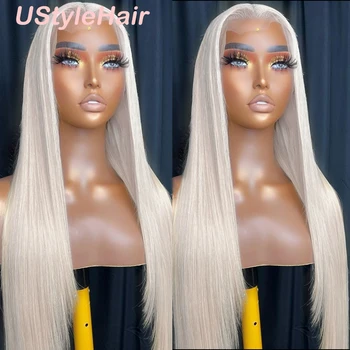 UStyleHair Platinum Blonde Lace Front Wig Long Silky Straight Synthetic Hair Heat Resistant Silver Grey Wig Daily Use Cosplay