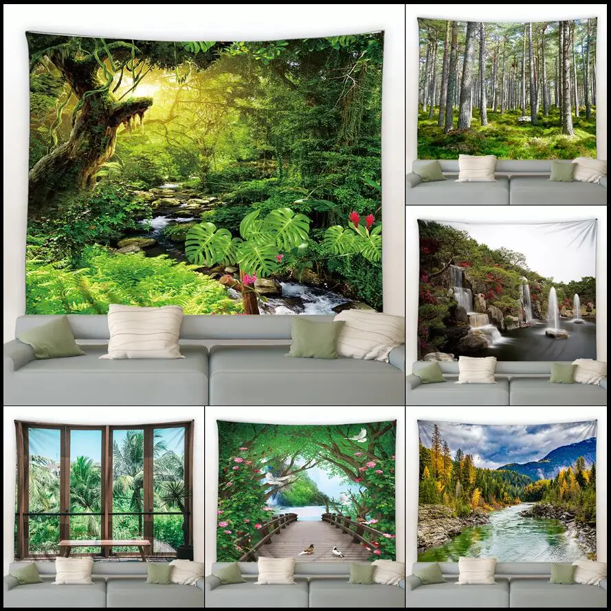 

Customizable Forest Landscape Tapestry Green Plants Palm Trees Waterfall Flowers Birds Wall Hanging Garden Home