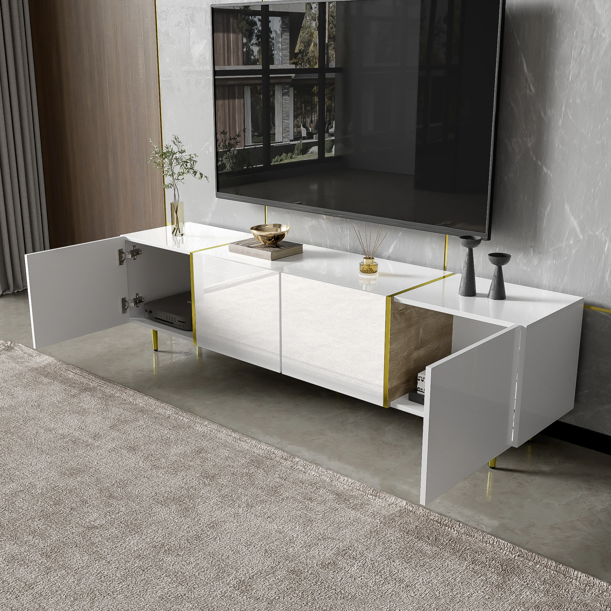 PINGGO Hochglanz-TV-Schrank 170x35x46cm mit vier Türen, modern und elegant in weißer Farbe – Detail 7