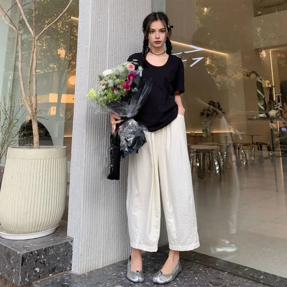 Women Casual Pants Elastic High Waist Wide Leg Trousers for Women with Pockets Solid Color Loose Fit Long Pants for Summer Work