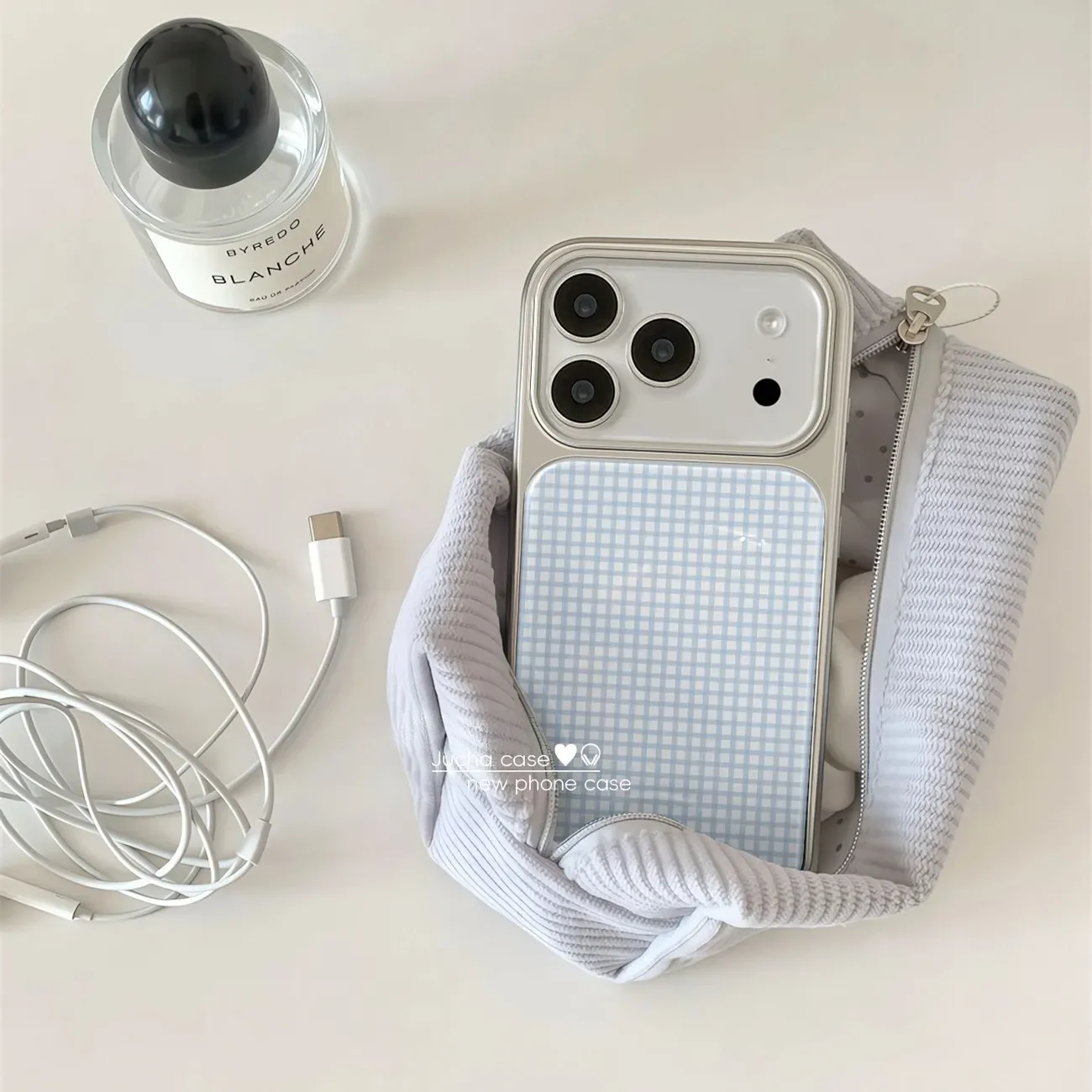 Blue White Checkered Electroplating Glue Phone Case - Anti-Fall Y2K Cover