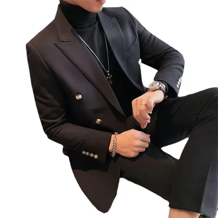 Double-breasted Casual Suit Jacket For Men Spring Autumn British Business Slimming Silhouette