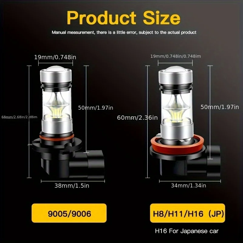 LED 안개등 전구 9005/9006/H11 - 6000K 흰색 및 4300K 노란색 - 12-24V 차량과 호환 가능 - 1000-1200 루멘 -
