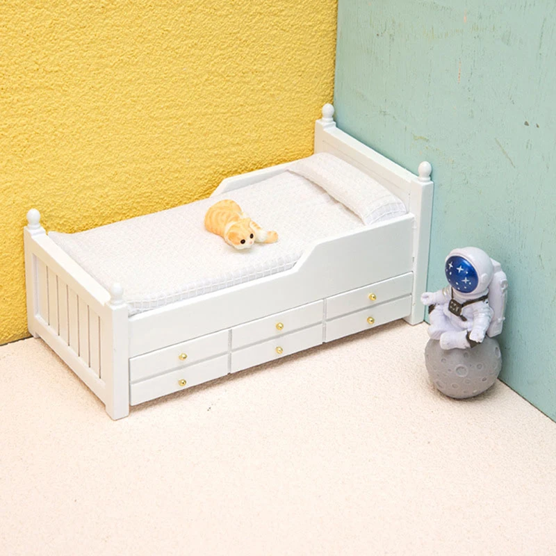 1:12 Dollhouse Miniature Bed White European Single Bed With Drawer Bedroom Furniture Model Decor Toy Doll House Accessories