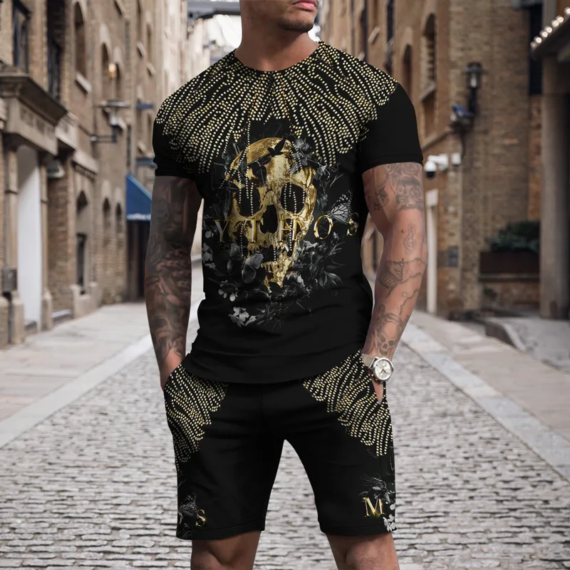 Newest Summer Men's Skull Series T-Shirt Set Fashion Tracksuit Outfit Trend 3D Printed Beach Shorts O-Neck Harajuku Clothes newest men s tracksuit vintage stripe polo shirt shorts set 3d printed clothes fashion casual streetwear outfits retro 2pcs suit