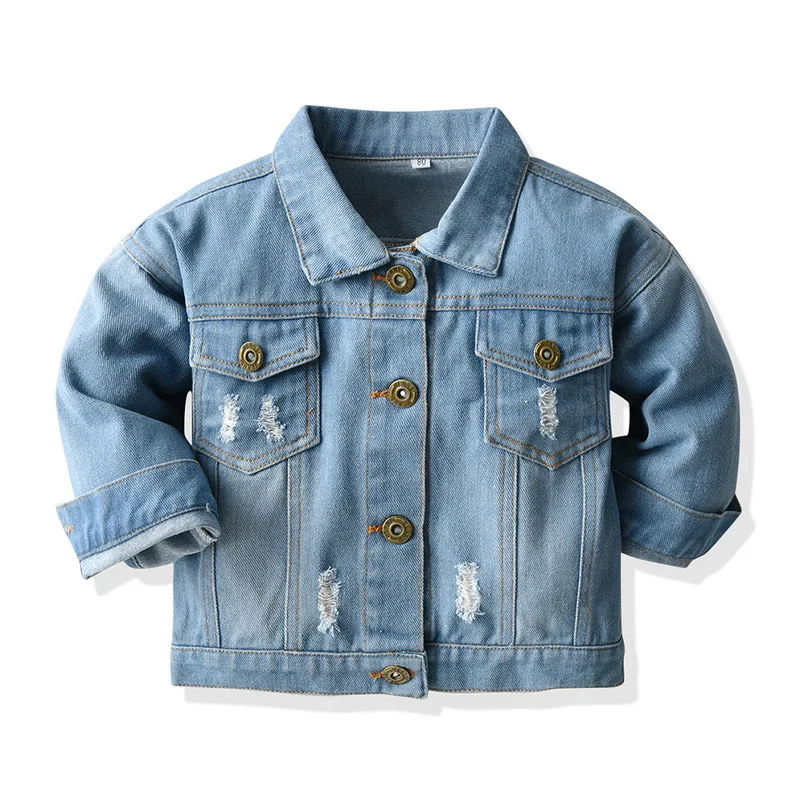 

Autumn Neutral Short Denim Coat for Boys and Girls Old Lapel Ripped Denim Long-Sleeved Tops Trendy Style