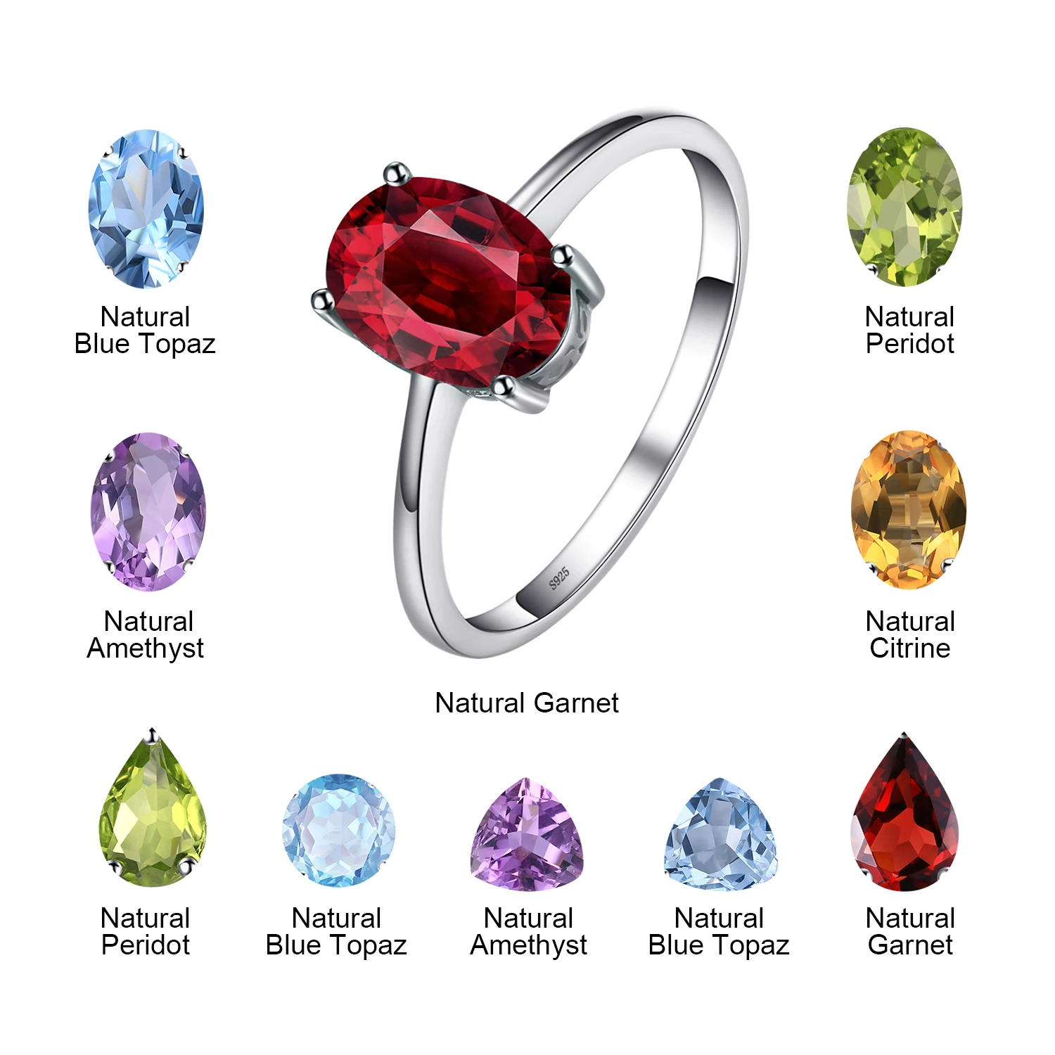 Genuine Garnet Amethyst Citrine Peridot Blue Topaz 925 Sterling Silver Rings for Women Colorful Gemstone Jewelry silver rings gemstone ring
