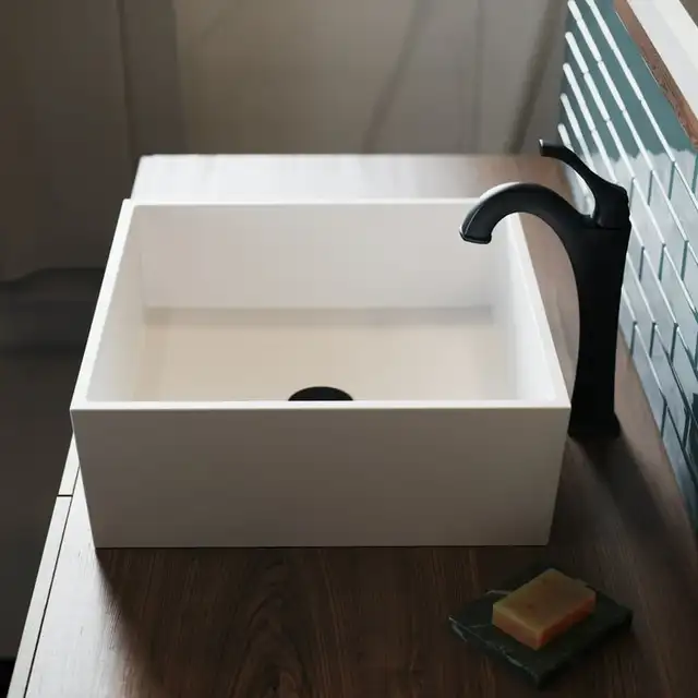 Upgrade your bathroom with the Square Vessel Composite Bathroom Sink with Matte Finish and Nano Coating in White