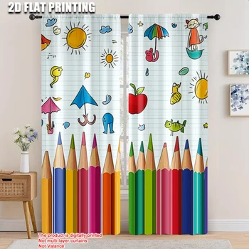 2 pezzi, tende primavera estate Matite da disegno colorate Doodle Filtraggio della luce Tende trasparenti Poliestere Decorazioni facili da installare 1