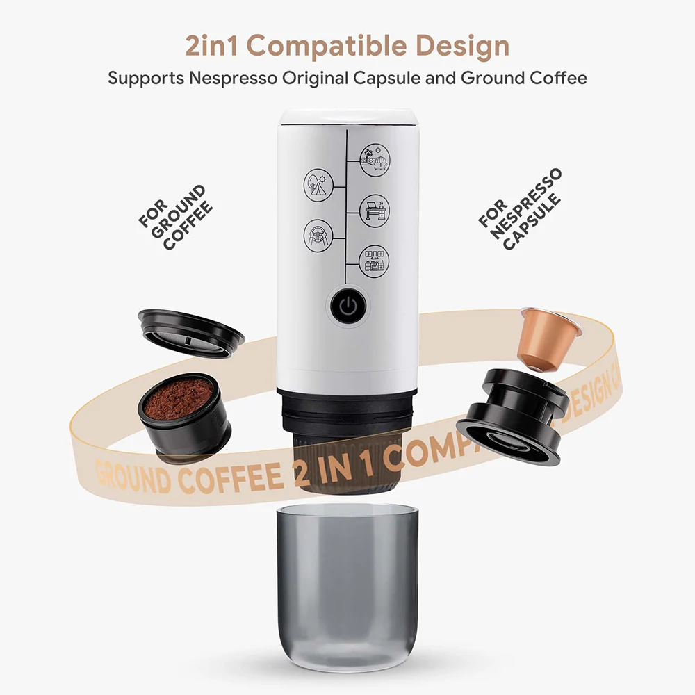 2in1 Portable Espresso Coffee Machine Travel Car Hiking Electric Coffee Maker fits Ground NS Capsule NO HEATING Function