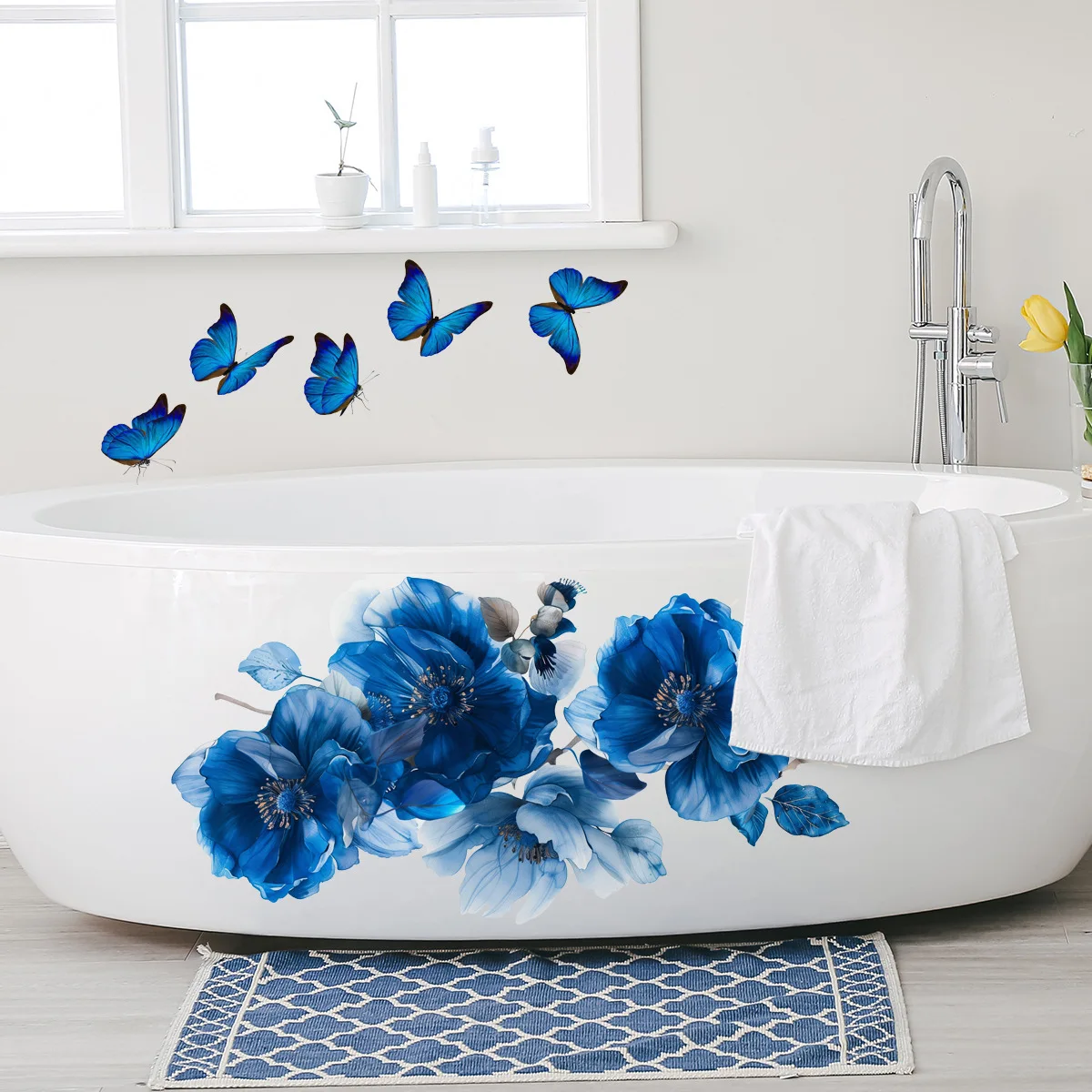 Blue Floral Butterfly Wall Sticker - Self-Adhesive Decal for Living Room, Bedroom, Bathroom & Bathtub Background Wall Decoration