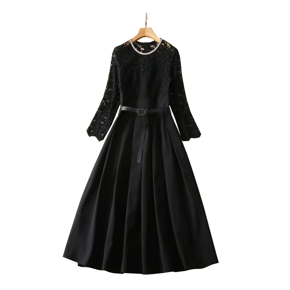 

High Quality New 2023 Spring Dress Women Sexy Tulle Lace Patchwork Belt Deco Long Sleeve Mid-Calf Black Gown Dress Vestidos