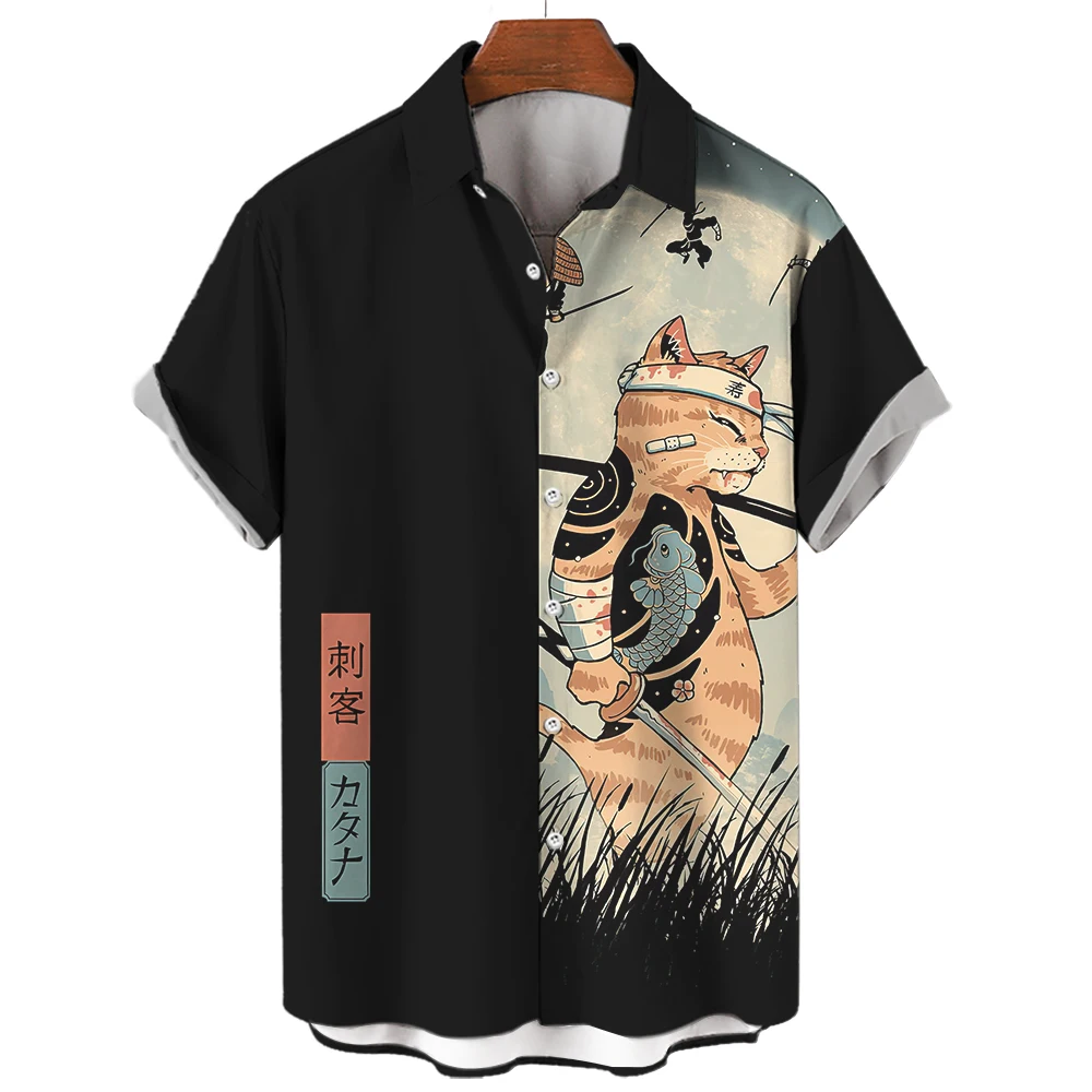 

Samurai Cat Print Shirt For Men Street Fashion Short Sleeve 3d Cat Printed Shirt Male Casual Button Tops Summer Loose Clothing