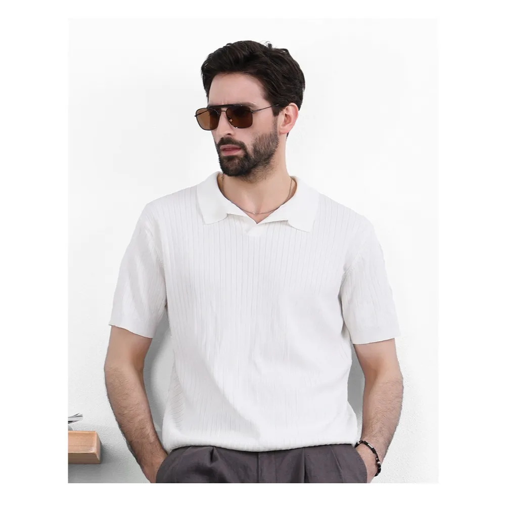 Polo da uomo in maglia a maniche corte 2026, estivo, sottile, a righe verticali, slim-fit, casual, elasticizzato - immagine 5
