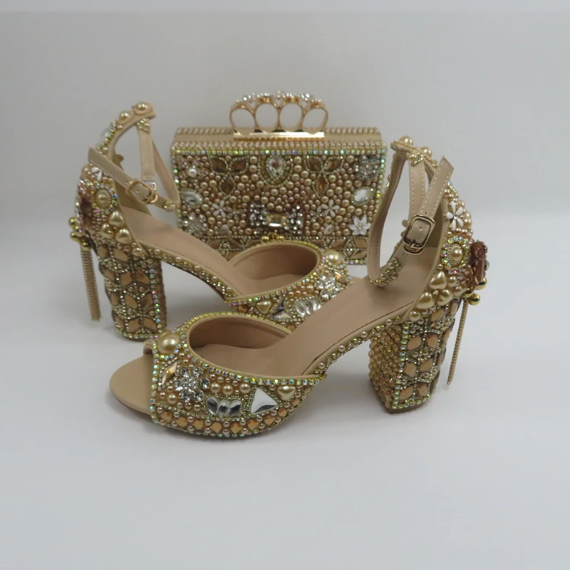 Champagne colored pearls wedding shoes with matching bags woman