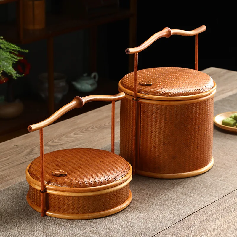 ClassicalHandleRoundBoxBambooLacquerBasketChineseTeaSet