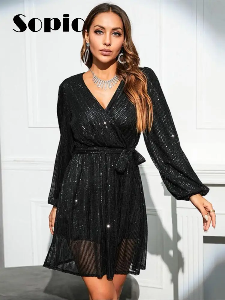 

Элегантные платья с блестками, женское сексуальное вечернее мини-платье с V-образным вырезом, новое модное платье на шнуровке с длинным рукавом, осень-весна 2023