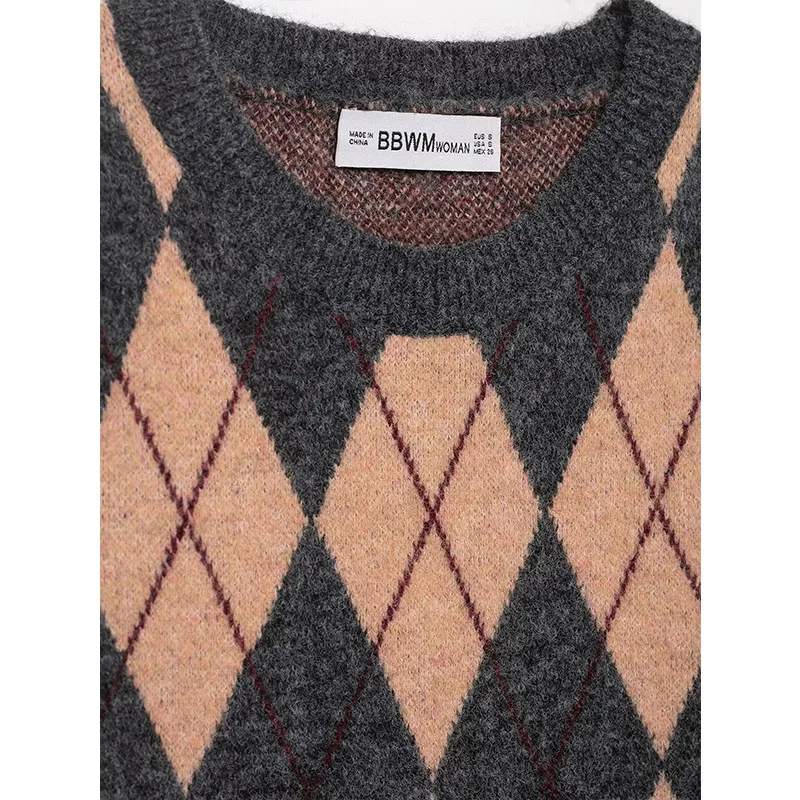 Chic Elegant Argyle Pattern Vests For Women 2025 Sleeveless Knitted Vest Sweater Female Streetwear Casual Waistcoat Tops ﻿